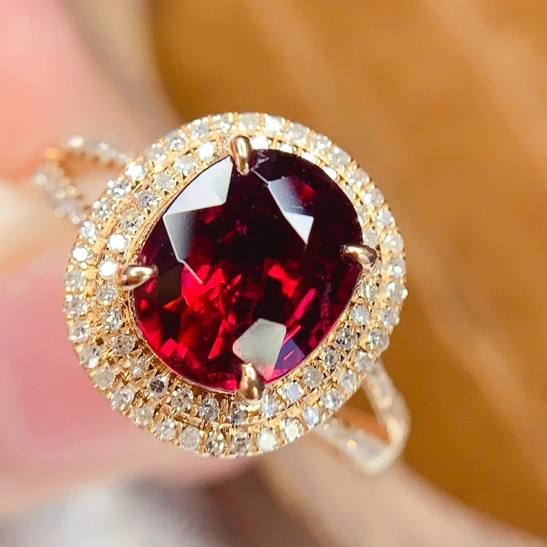 14k Gold 2.2 Ct Natural Tourmaline & Diamond Ring: Ref:231059182 // gold content:14k gold // ring size:7. 25us // // main gemstone:tourmaline // shape:oval // carat weight:2. 2ct // color:red // treatment:natural // // adjacent gemstone 2 :