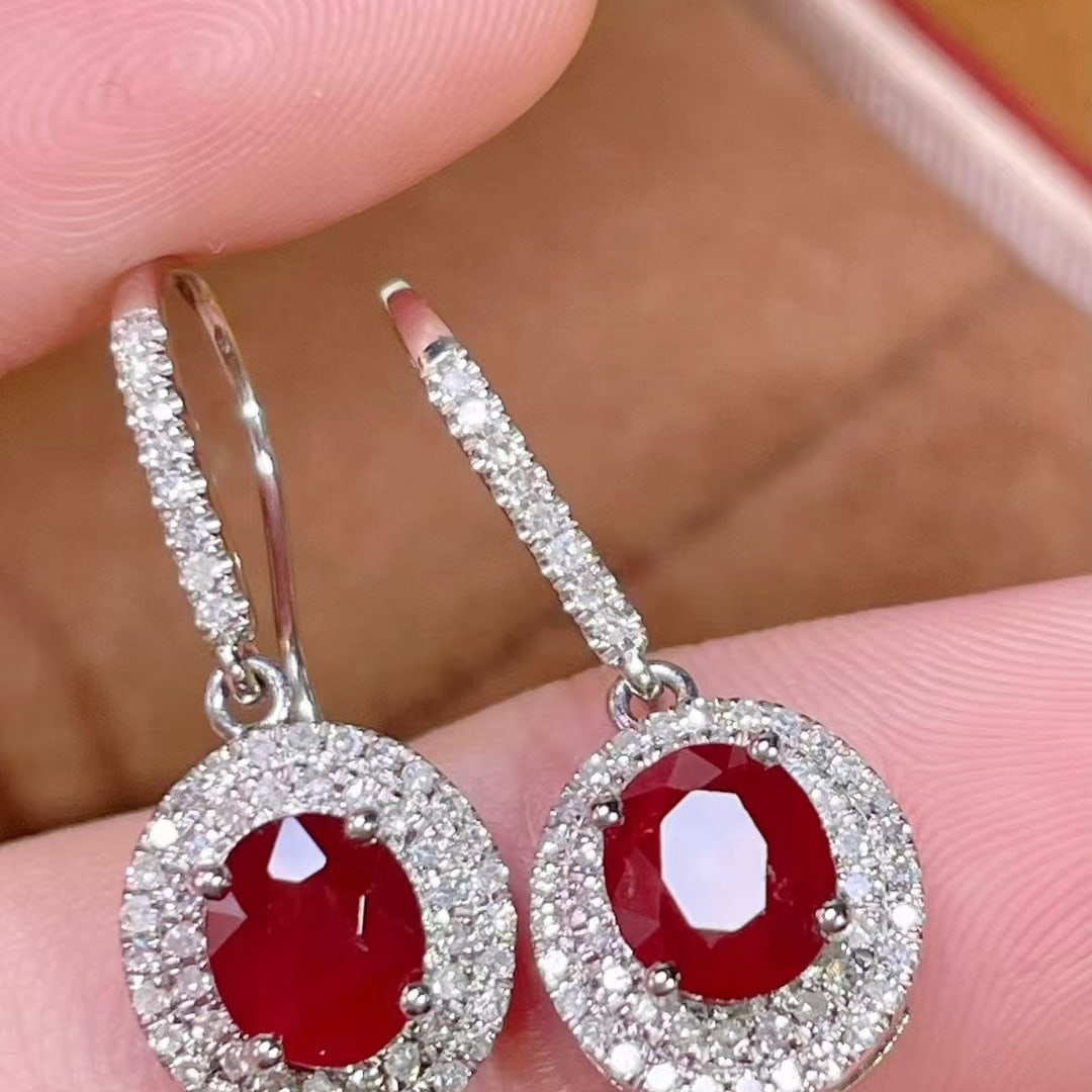 14k Gold 1.8 Ct Natural Ruby & Diamond Earrings - 2