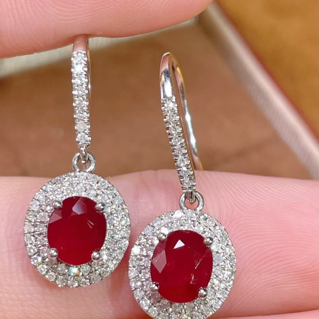 14k Gold 1.8 Ct Natural Ruby & Diamond Earrings - 5