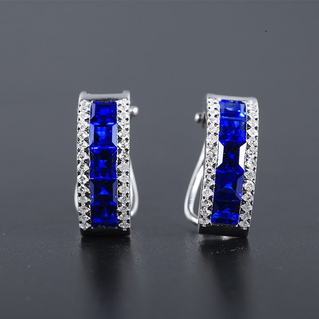 14k Gold 1.57 Ctw Vivid Blue Natural Sapphire & Diamond Earrings: Ref:231059197 // gold content:14k gold // main gemstone:sapphire // shape:square // carat weight:1. 4ct // color:vivid blue // treatment:natural // // adjacent gemstone 2 : diamond // number of