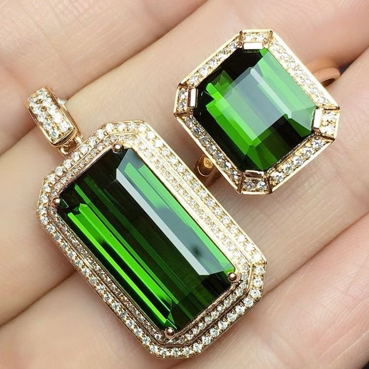 14k Gold 15.2 Ct Natural Tourmaline & Diamond Jewelry Set - 4