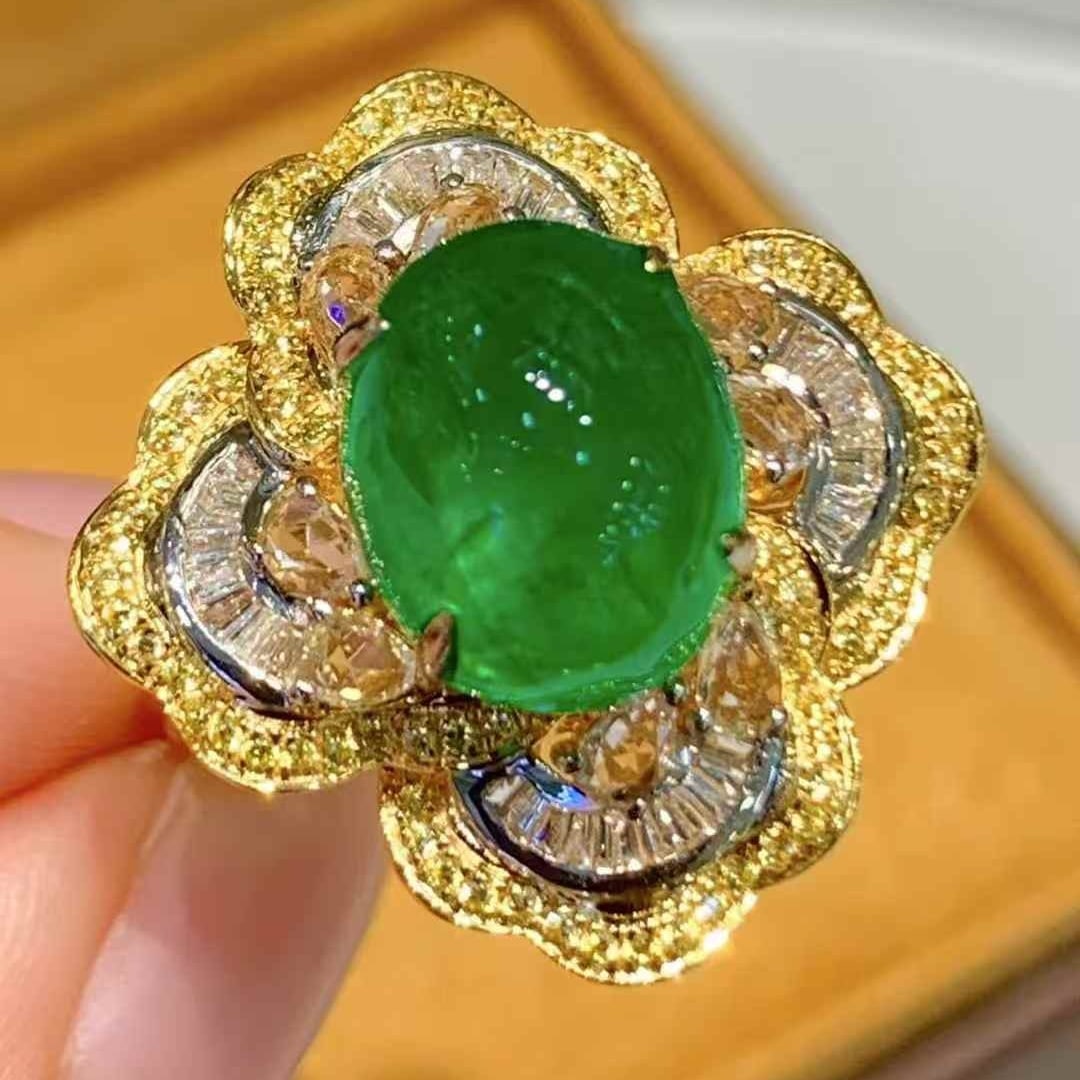 14k Gold 3.5 Ct Natural Emerald & Diamond & Sapphire Ring: Ref:231059237 // gold content:14k gold // ring size:7. 25us // // main gemstone:emerald // shape:oval // carat weight:3. 5ct // color:green // treatment:natural // // adjacent gemstone 2 : diamond
