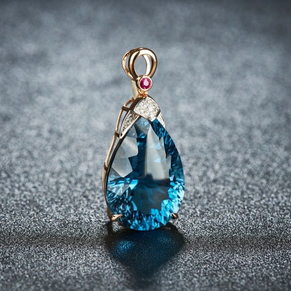 14k Gold 21.45 Ct Natural Topaz & Diamond & Ruby Pendant( Without Chain ) - 2