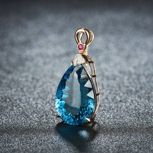 14k Gold 21.45 Ct Natural Topaz & Diamond & Ruby Pendant( Without Chain ) - 3