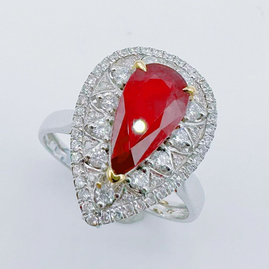 14k Gold 2.28 Ctw Natural Ruby & Diamond Ring/pendant( Without Chain ): Ref:231060024 // gold content:14k gold // ring size:7. 25us // // main gemstone:ruby // shape:pear // carat weight:1. 78ct // color:pigeonblood red // treatment:natural // // adjacent gemstone 2 :