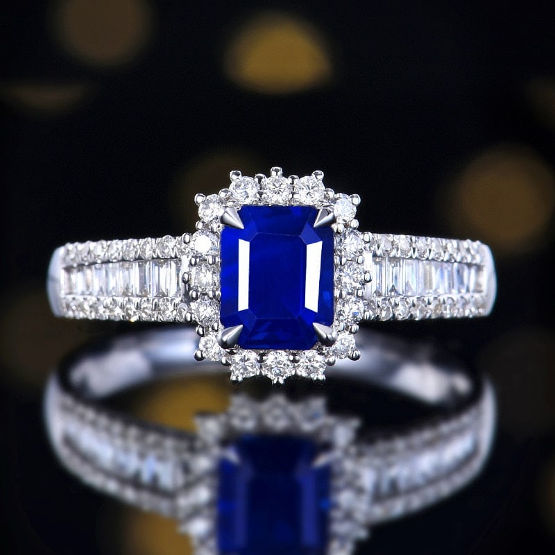 14k Gold 1.67 Ctw Vivid Blue Natural Sapphire & Diamond Ring: Ref:231060044 // gold content:14k gold // ring size:7. 25us // // main gemstone:sapphire // shape:octagonal // carat weight:1. 27ct // color:vivid blue // treatment:natural // // adjacent gemstone 2 :