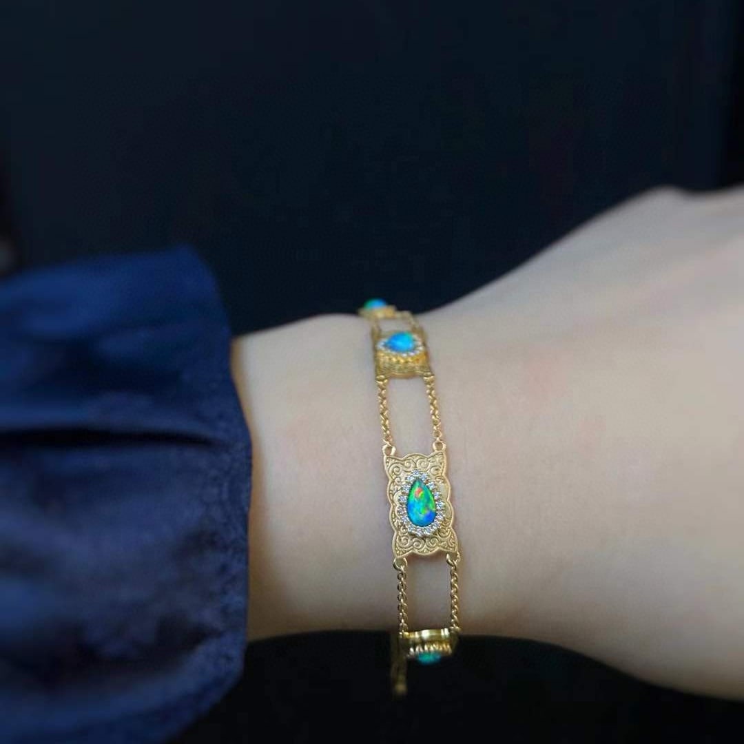 14k Gold 0.8 Ctw Natural Opal & Diamond Bracelet - 2