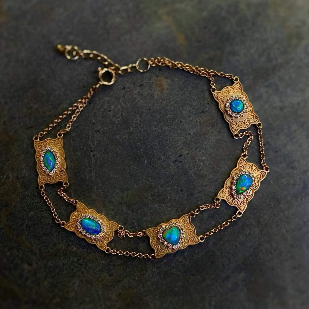 14k Gold 0.8 Ctw Natural Opal & Diamond Bracelet - 3
