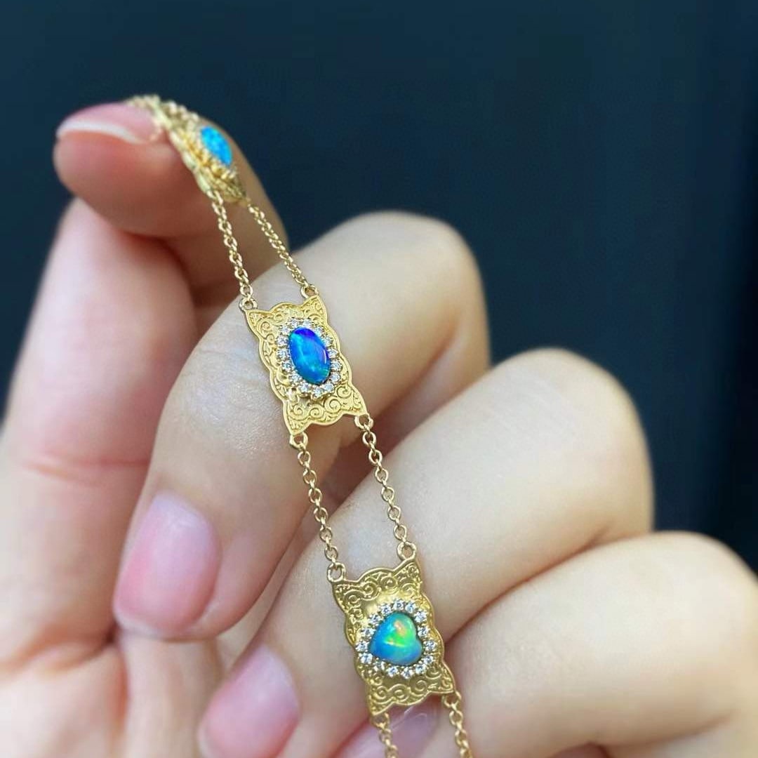 14k Gold 0.8 Ctw Natural Opal & Diamond Bracelet - 4