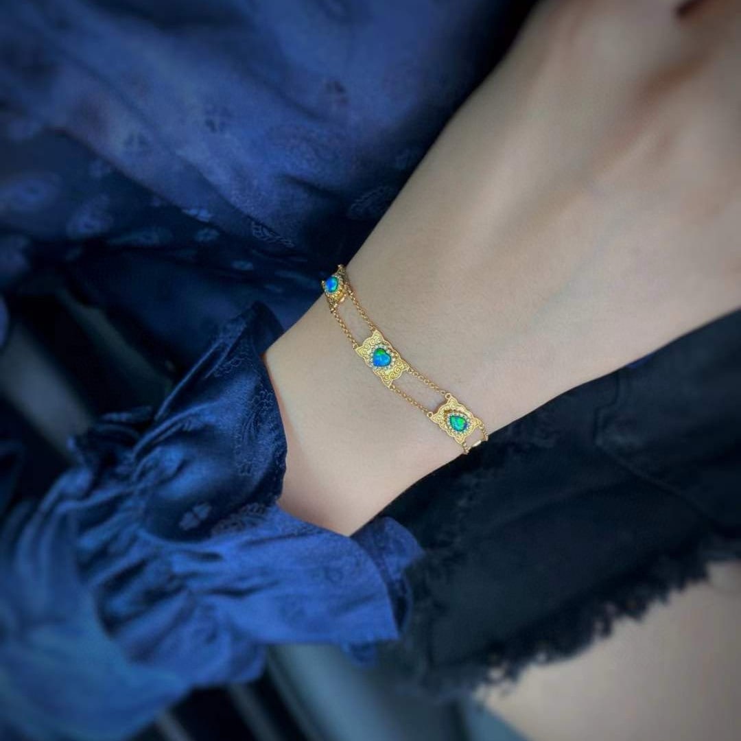 14k Gold 0.8 Ctw Natural Opal & Diamond Bracelet - 8