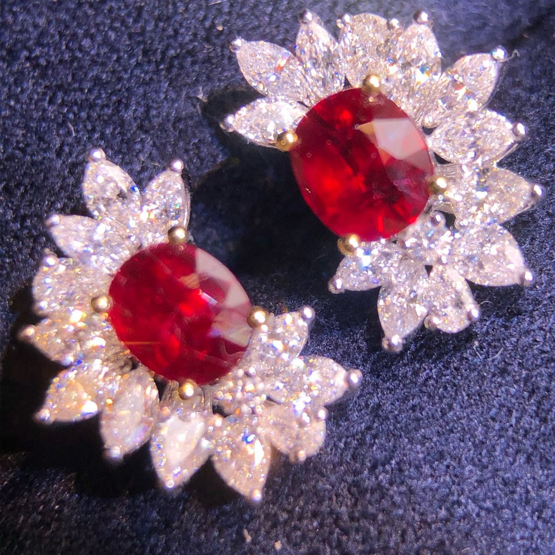 14k Gold 2.97 Ctw Natural Ruby & Diamond Earrings: Ref:231060068 // gold content:14k gold // main gemstone:ruby // shape:oval // carat weight:1. 65ct // color:pigeonblood red // treatment:natural // // adjacent gemstone 2 : diamond //