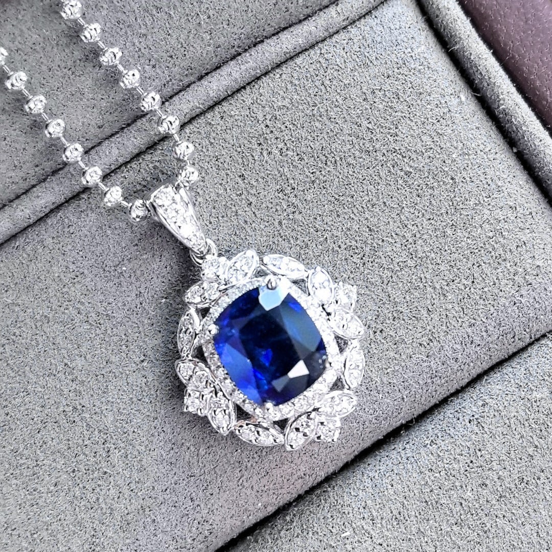 14k Gold 1.64 Ctw Natural Sapphire & Diamond Pendant( Without Chain ): Ref:231060105 // gold content:14k gold // main gemstone:sapphire // shape:cushion // carat weight:1. 31ct // color:royal blue // treatment:natural // // adjacent gemstone 2 : diamond // shape:round