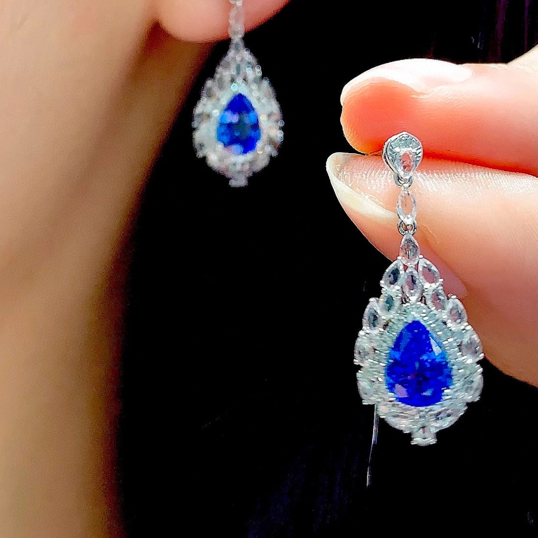 14k Gold 1.8 Ct Natural Sapphire & Diamond & Sapphire Earrings - 5