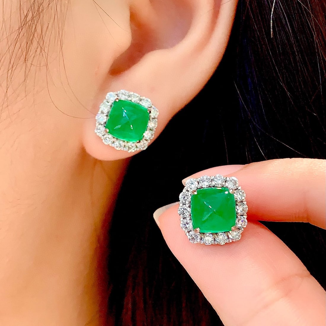 14k Gold 5.85 Ct Vivid Green Natural Emerald & Diamond Earrings - 6