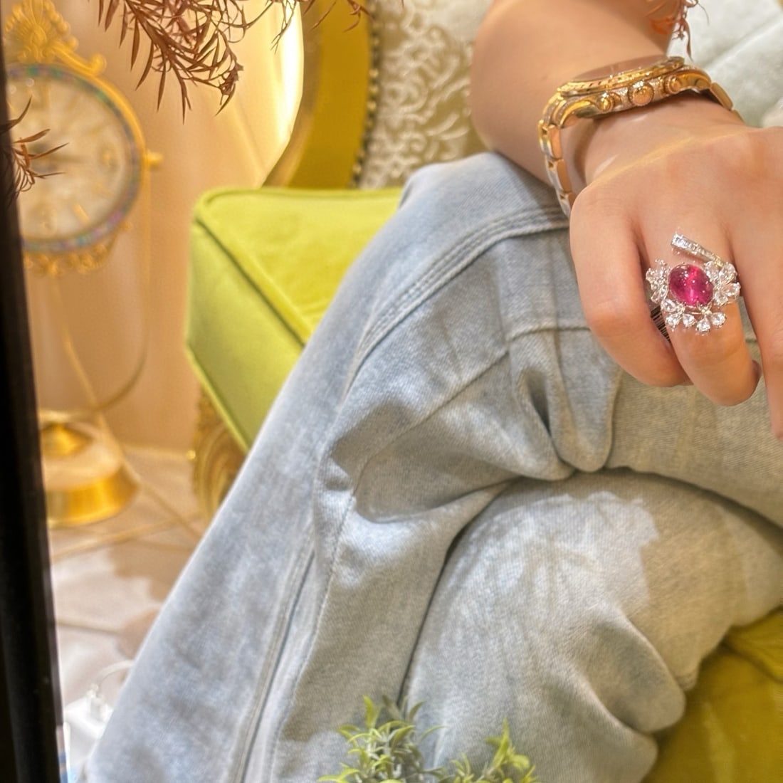 14k Gold 3.5 Ct Natural Tourmaline & Diamond & Sapphire Ring - 6