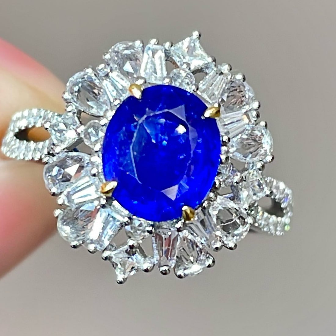 14k Gold 2 Ct Vivid Blue Natural Sapphire & Sapphire & Diamond Ring: Ref:231060198 // gold content:14k gold // ring size:7. 25us // // main gemstone:sapphire // shape:oval // carat weight:2ct // color:vivid blue // treatment:natural // // adjacent gemstone 2 :