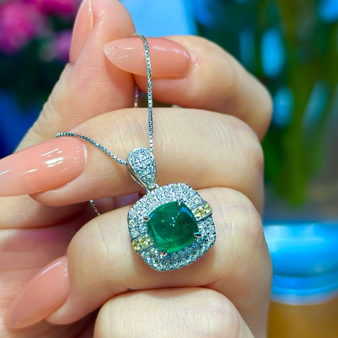 14k Gold 3.02 Ctw Vivid Green Natural Emerald & Diamond Pendant( Without Chain ) - 2