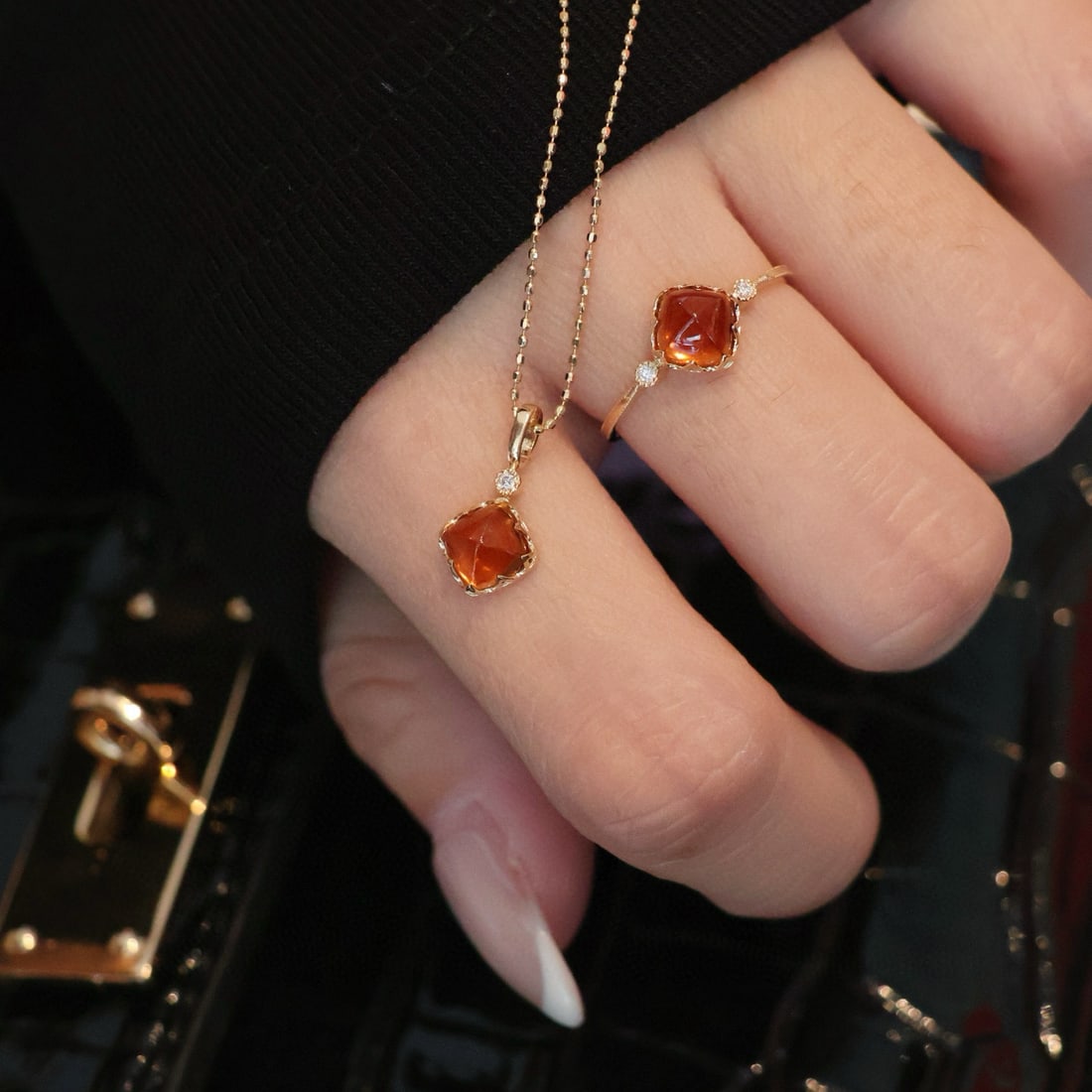 14k Gold 2.2 Ct Natural Spessartine & Diamond Jewelry Set - 4