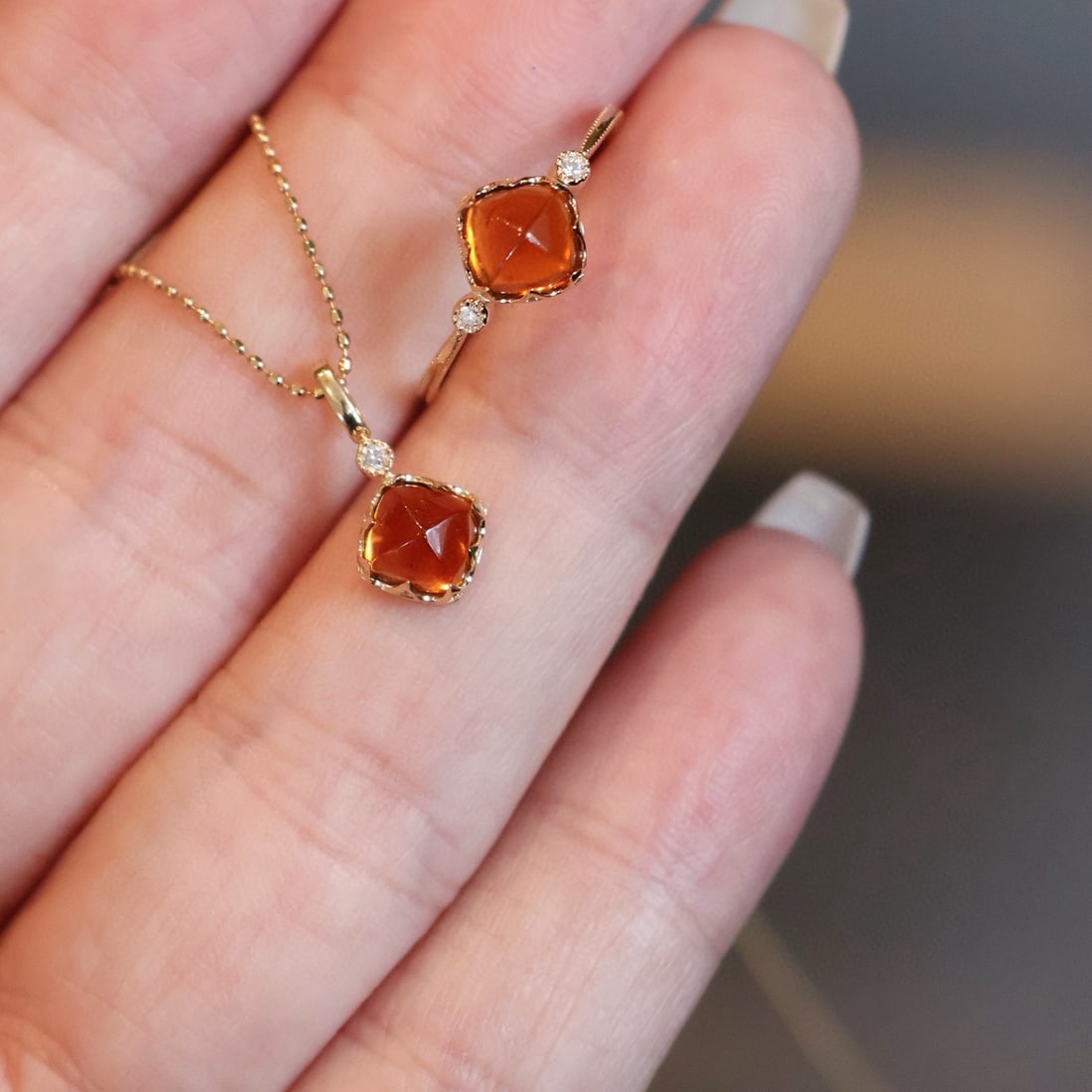 14k Gold 2.2 Ct Natural Spessartine & Diamond Jewelry Set - 7