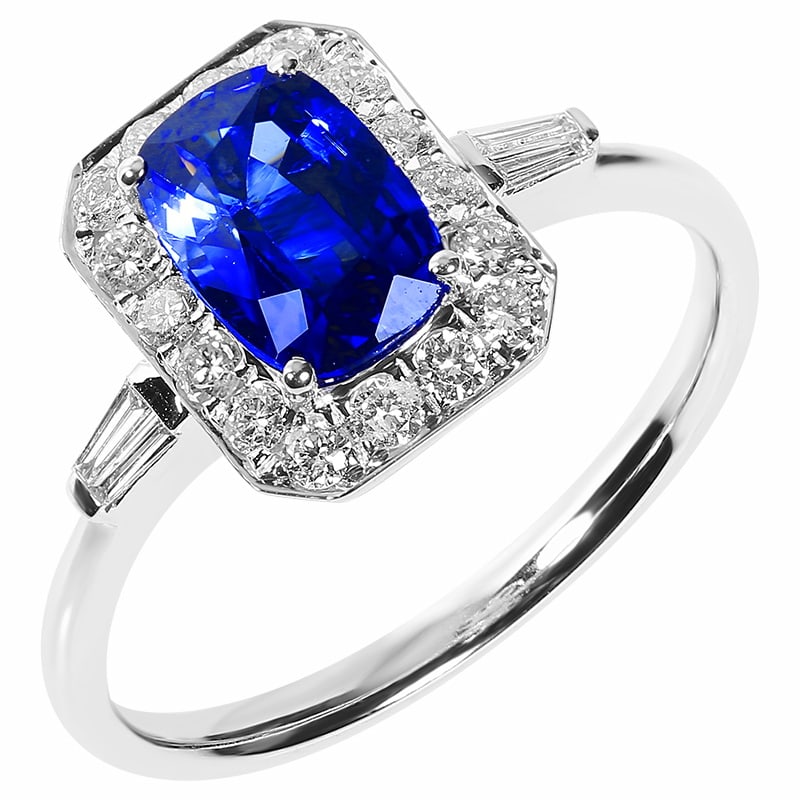 14k Gold 1.91 Ctw Natural Sapphire & Diamond Ring: Ref:231060271 // gold content:14k gold // ring size:7. 25us // // main gemstone:sapphire // shape:cushion // carat weight:1. 53ct // color:royal blue // treatment:natural // // adjacent gemstone 2