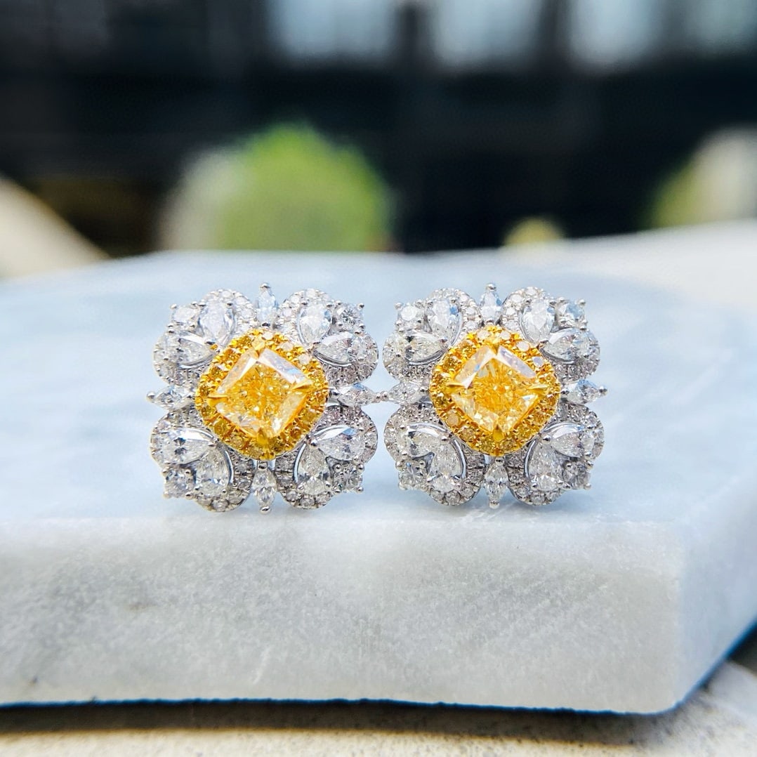 14k Gold 2.13 Ctw Natural Yellow Diamond & Diamond Earrings: Ref:231060276 // gold content:14k gold // main gemstone:yellow diamond // shape:cushion // carat weight:1. 10ct // color:yellow // treatment:natural // // adjacent gemstone 2 : diamond //