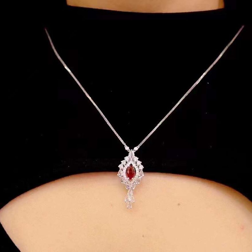 14k Gold 1.78 Ctw Vivid Red Natural Ruby & Diamond Necklace: Ref:231060277 // gold content:14k gold // main gemstone:ruby // shape:marquise // carat weight:1. 05ct // color:vivid red // treatment:natural // // adjacent gemstone 2 : diamond // shape:multiply