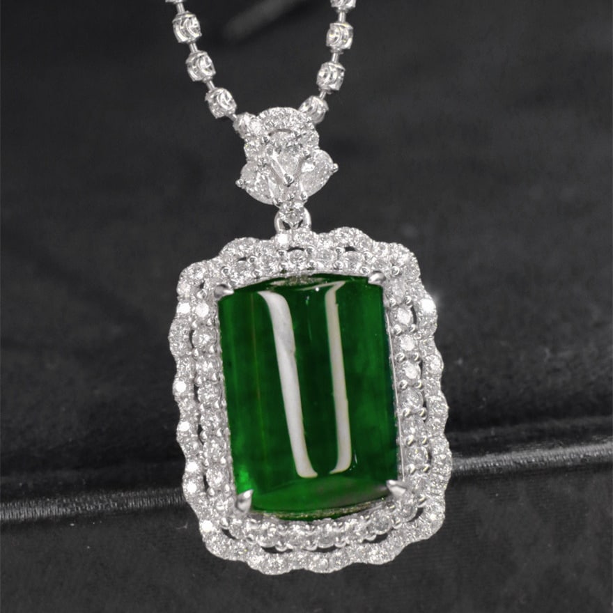 14k Gold 8.75 Ctw Vivid Green Natural Emerald & Diamond Pendant( Without Chain ): Ref:231060286 // gold content:14k gold // main gemstone:emerald // shape:cushion // carat weight:7. 8ct // color:vivid green // treatment:natural // // adjacent gemstone 2 : diamond // shape:multiply