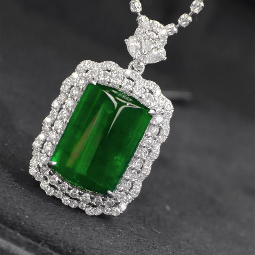 14k Gold 8.75 Ctw Vivid Green Natural Emerald & Diamond Pendant( Without Chain ) - 2
