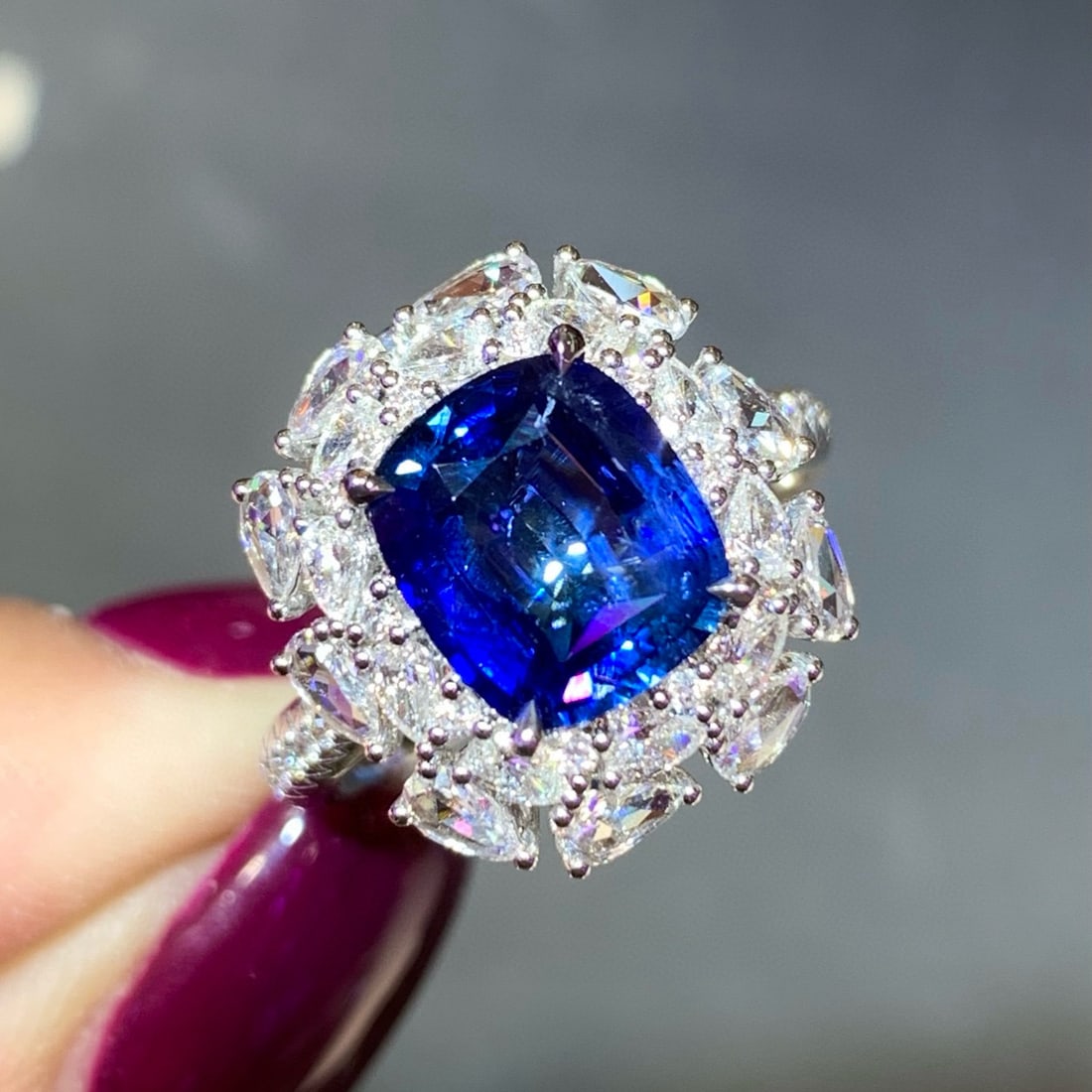 14k Gold 4.38 Ctw Natural Sapphire & Diamond Ring/pendant( Without Chain ): Ref:231060363 // gold content:14k gold // ring size:7. 25us // // main gemstone:sapphire // shape:cushion // carat weight:3. 13ct // color:royal blue // treatment:natural // // adjacent gemstone 2