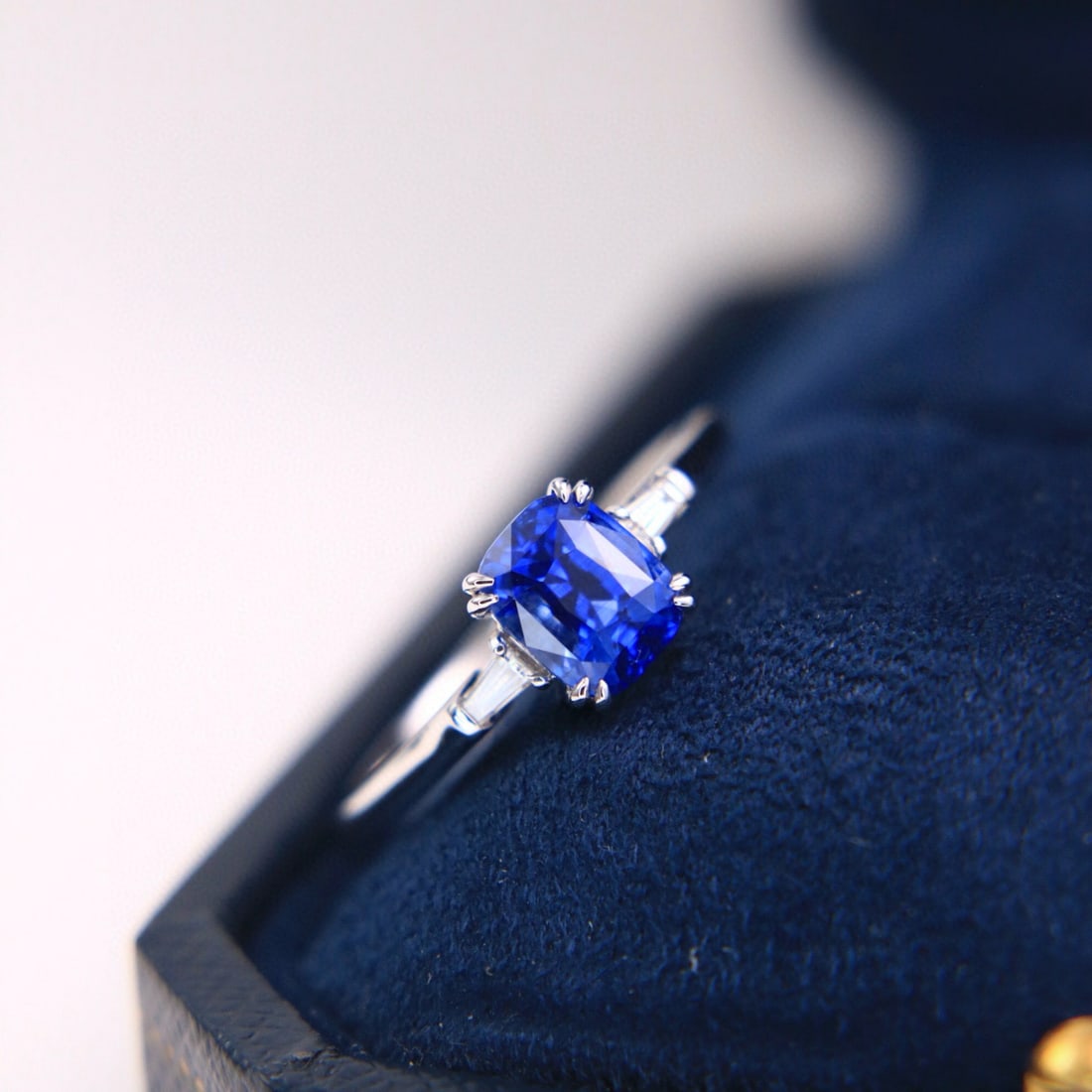 14k Gold 1.67 Ctw Natural Sapphire & Diamond Ring: Ref:231060375 // gold content:14k gold // ring size:7. 25us // // main gemstone:sapphire // shape:cushion // carat weight:1. 58ct // color:royal blue // treatment:natural // // adjacent gemstone 2