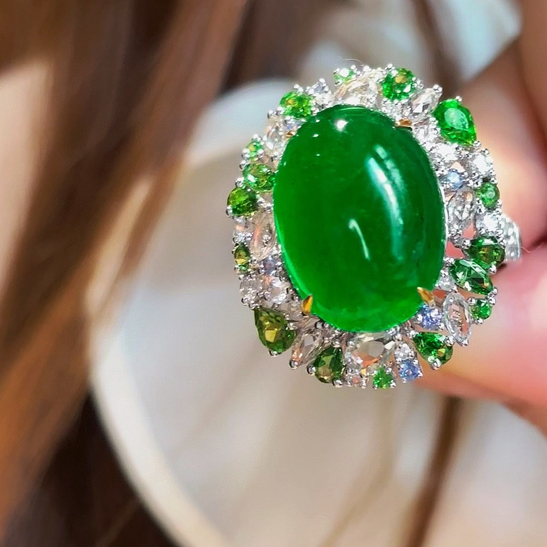 14k Gold 8.45 Ct Natural Emerald & Diamond & Tsavorite Ring - 5