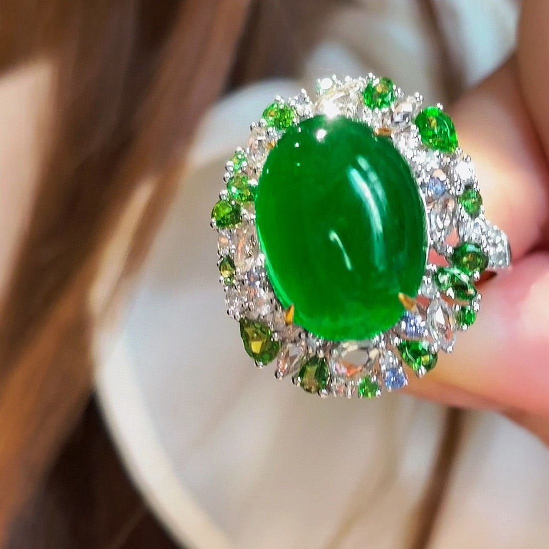 14k Gold 8.45 Ct Natural Emerald & Diamond & Tsavorite Ring - 6