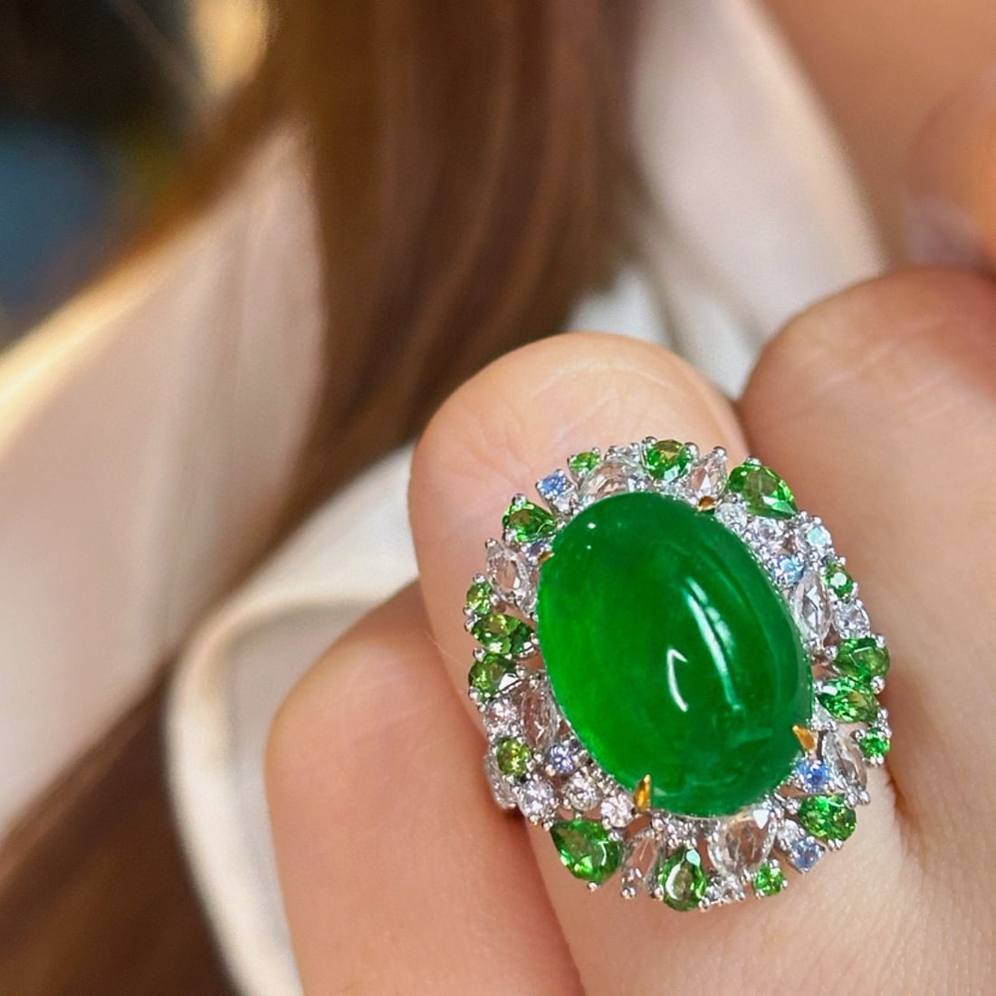 14k Gold 8.45 Ct Natural Emerald & Diamond & Tsavorite Ring - 7