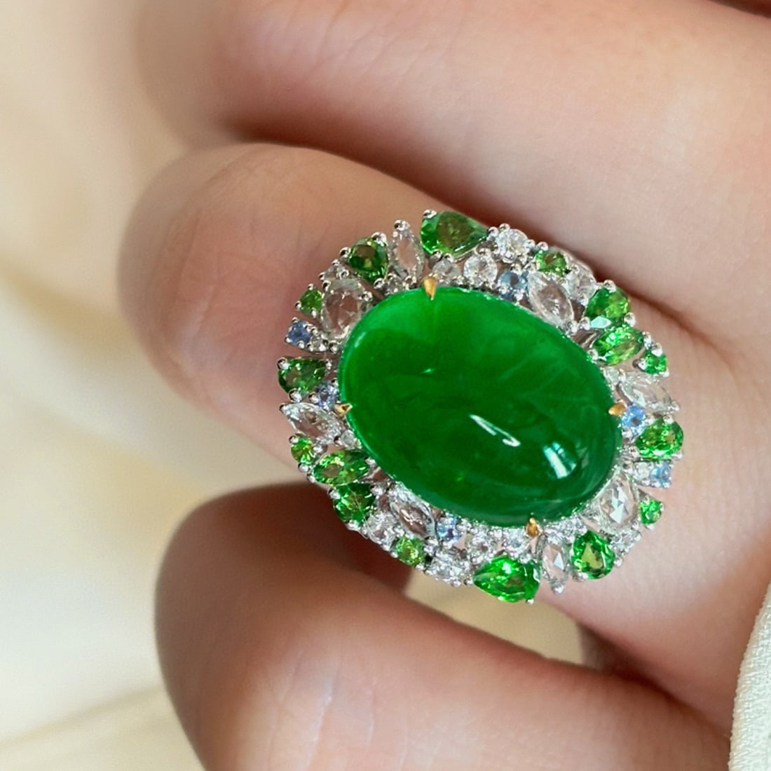 14k Gold 8.45 Ct Natural Emerald & Diamond & Tsavorite Ring - 8
