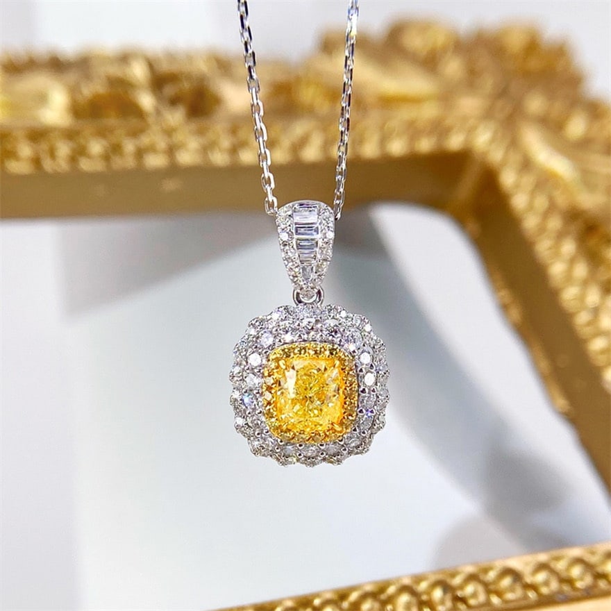 14k Gold 1.50 Ctw Natural Yellow Diamond & Diamond Necklace: Ref:231060381 // gold content:14k gold // main gemstone:yellow diamond // shape:cushion // carat weight:1. 00ct // color:yellow // treatment:natural // // adjacent gemstone 2 : diamond //