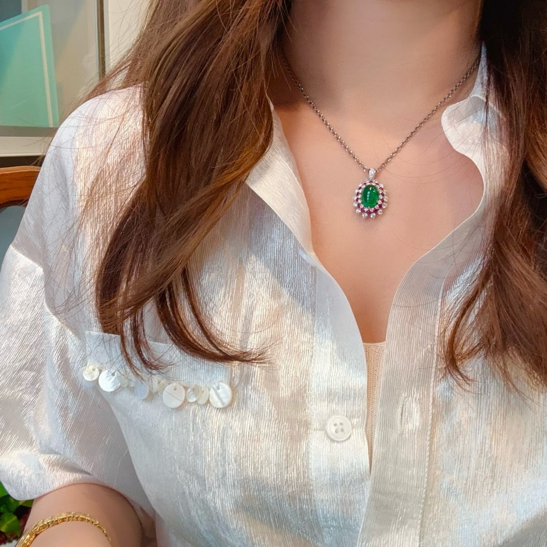 14k Gold 4.90 Ctw Vivid Green Natural Emerald & Diamond Pendant( Without Chain ) - 7