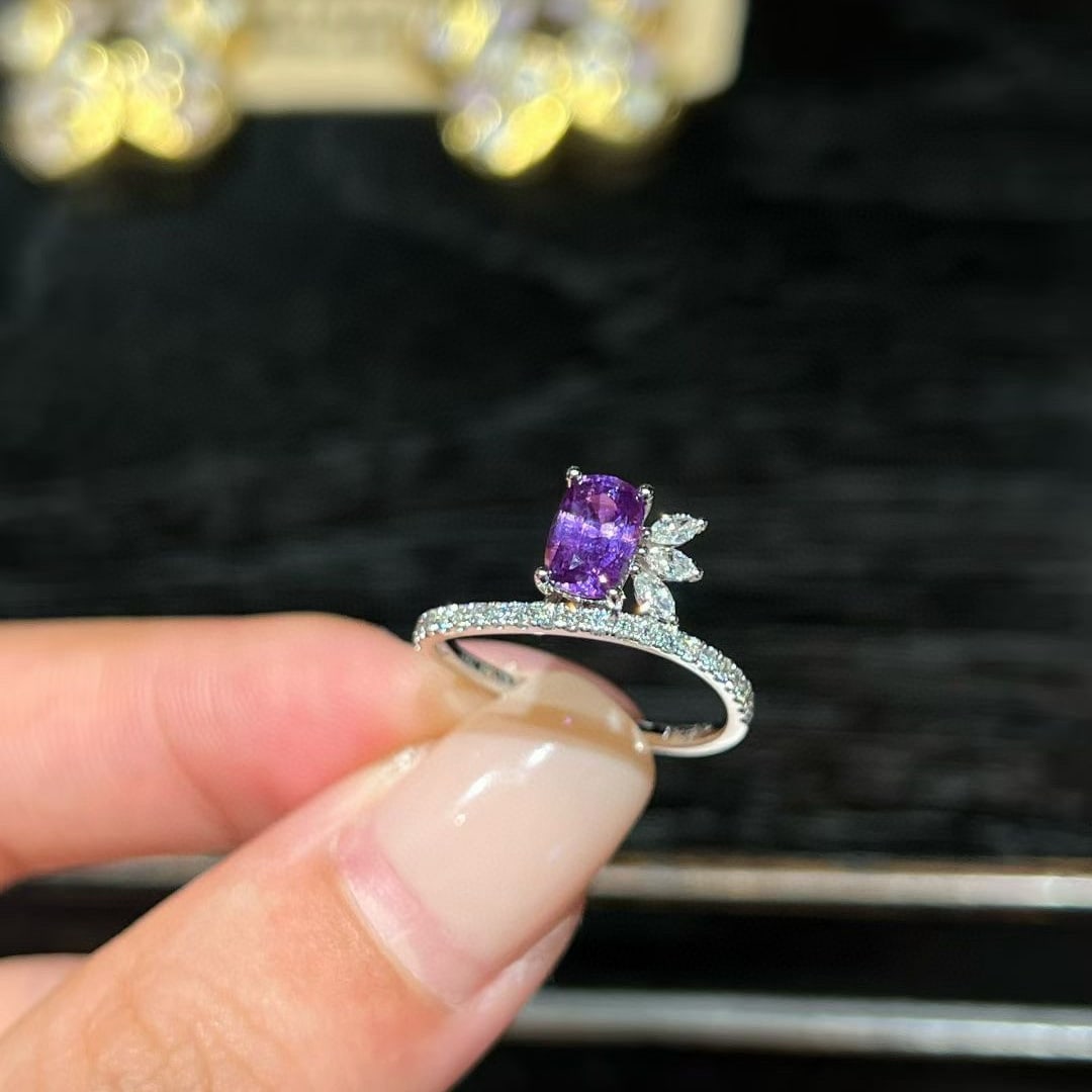 14k Gold 1.32 Ctw Natural Sapphire & Diamond Ring: Ref:231060444 // gold content:14k gold // ring size:7. 25us // // main gemstone:sapphire // shape:cushion // carat weight:1. 03ct // color:purple // treatment:natural // // adjacent gemstone 2 :