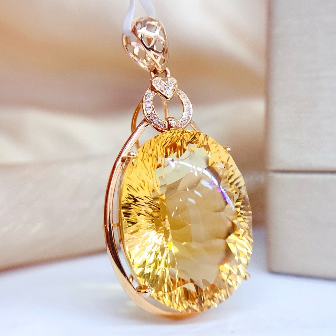 14k Gold 34.75 Ct Natural Citrine & Diamond Pendant( Without Chain ) - 2