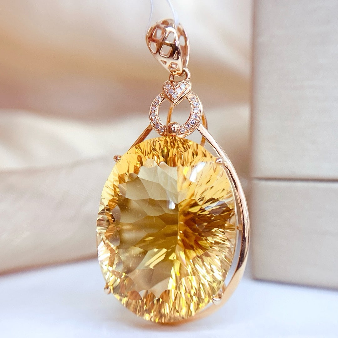 14k Gold 34.75 Ct Natural Citrine & Diamond Pendant( Without Chain ) - 3
