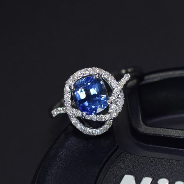 14k Gold 1.25 Ct Natural Sapphire & Diamond Ring: Ref:231061030 // gold content:14k gold // ring size:7. 25us // // main gemstone:sapphire // shape:cushion // carat weight:1. 25ct // color:blue // treatment:natural // // adjacent gemstone 2 :