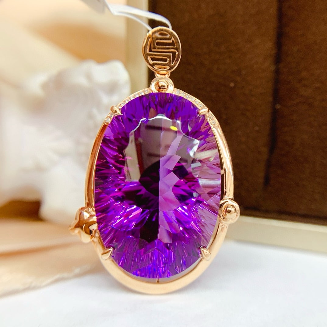14k Gold 34.35 Ct Natural Amethyst & Diamond Pendant( Without Chain ): Ref:231061063 // gold content:14k gold // main gemstone:amethyst // shape:oval // carat weight:34. 35ct // color:purple // treatment:natural // // adjacent gemstone 2 : diamond // number of