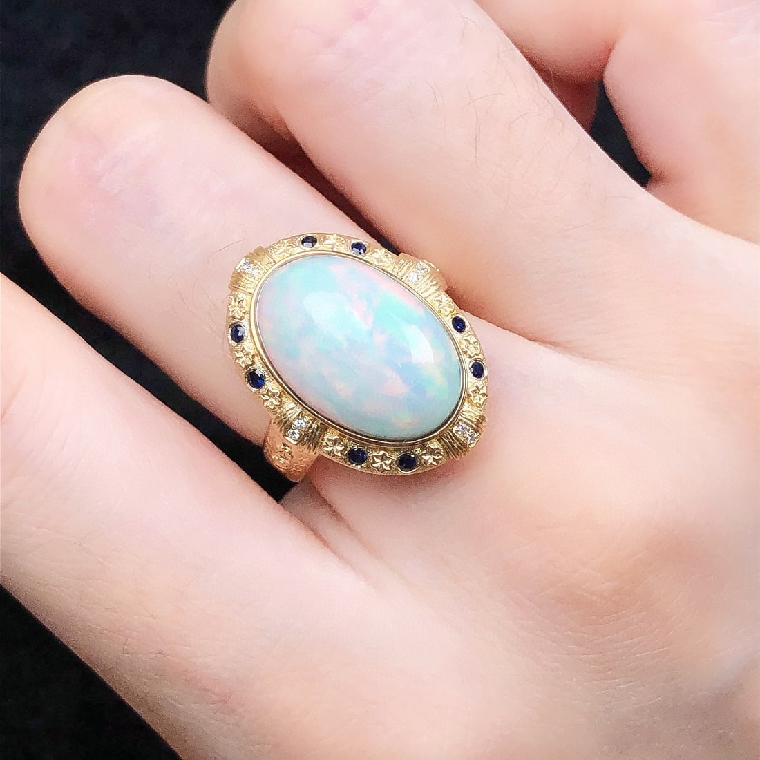 14k Gold 5.77 Ctw Natural Opal & Sapphire Ring - 6