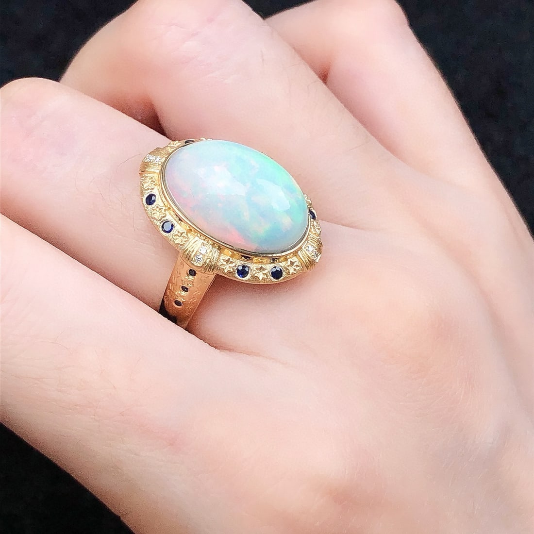 14k Gold 5.77 Ctw Natural Opal & Sapphire Ring - 7