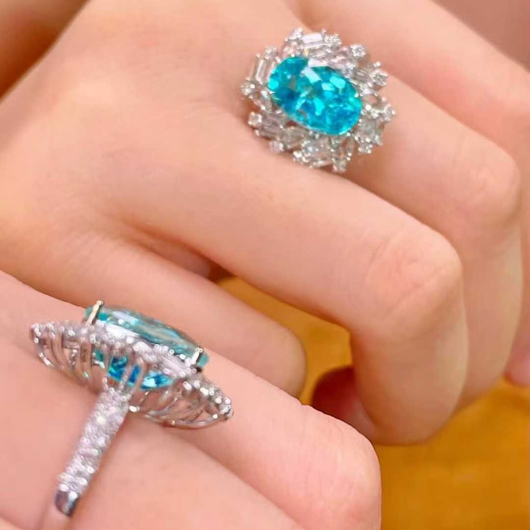 14k Gold 4.50 Ctw Natural Paraiba Tourmaline & Diamond & Sapphire Ring - 4