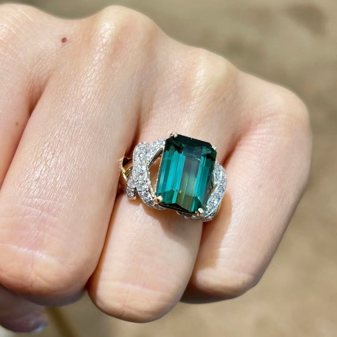 14k Gold 8.45 Ctw Natural Tourmaline & Diamond Ring - 9