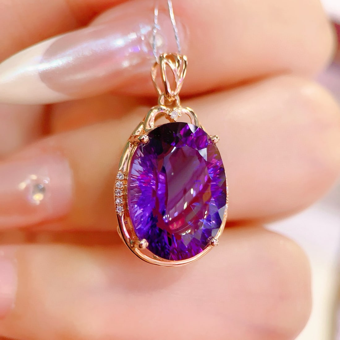 14k Gold 9.18 Ctw Natural Amethyst & Diamond Pendant( Without Chain ) - 4