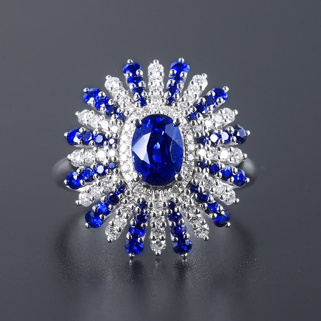 14k Gold 1.81 Ctw Natural Sapphire & Diamond Ring: Ref:231061110 // gold content:14k gold // ring size:7. 25us // // main gemstone:sapphire // shape:oval // carat weight:1. 29ct // color:blue // treatment:natural // // adjacent gemstone 2 :