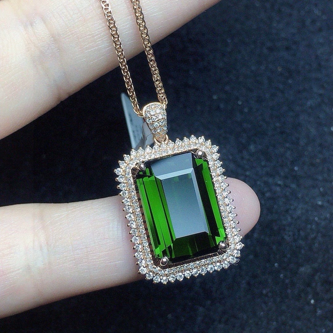 14k Gold 11 Ct Natural Tourmaline & Diamond Pendant( Without Chain ) - 3