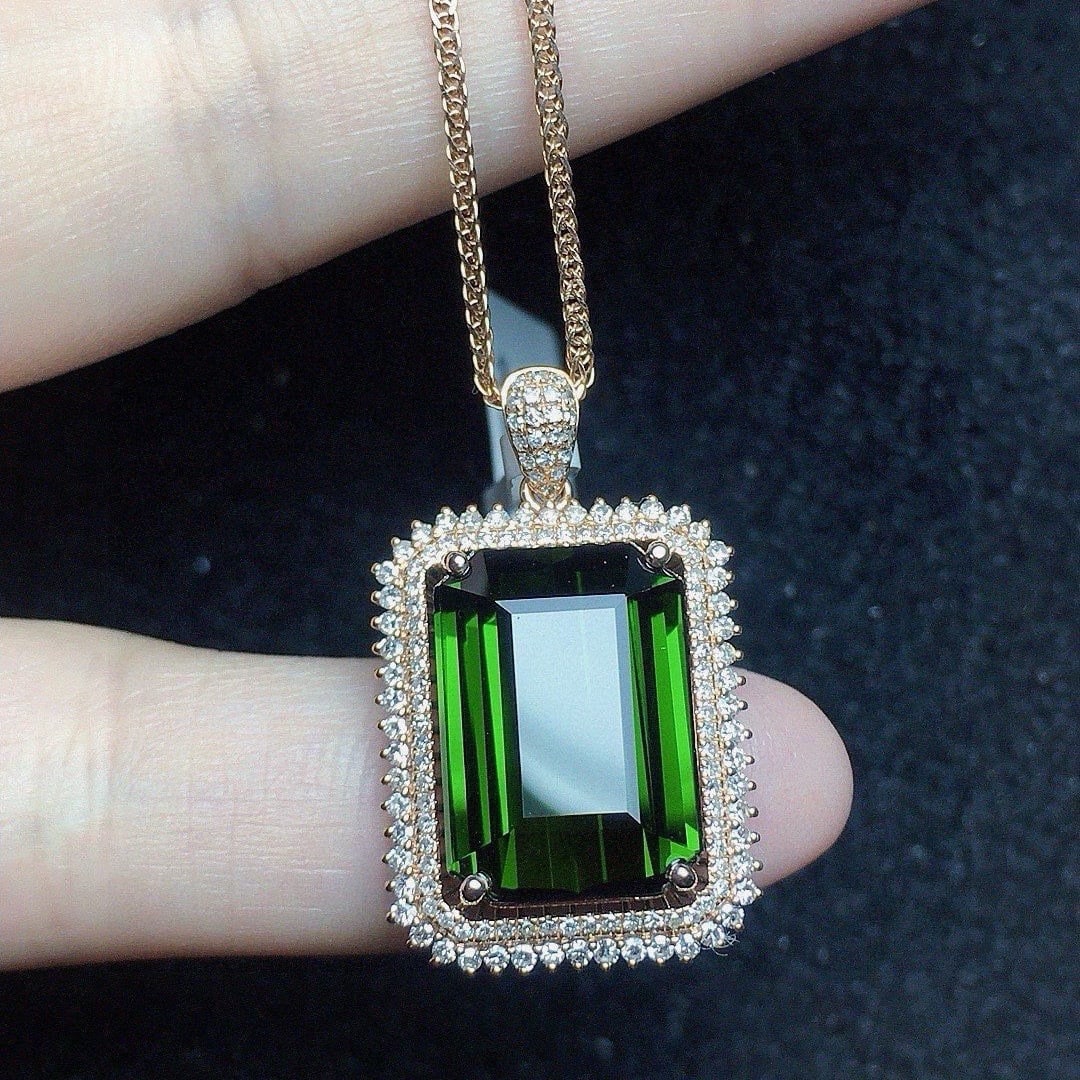 14k Gold 11 Ct Natural Tourmaline & Diamond Pendant( Without Chain ) - 4