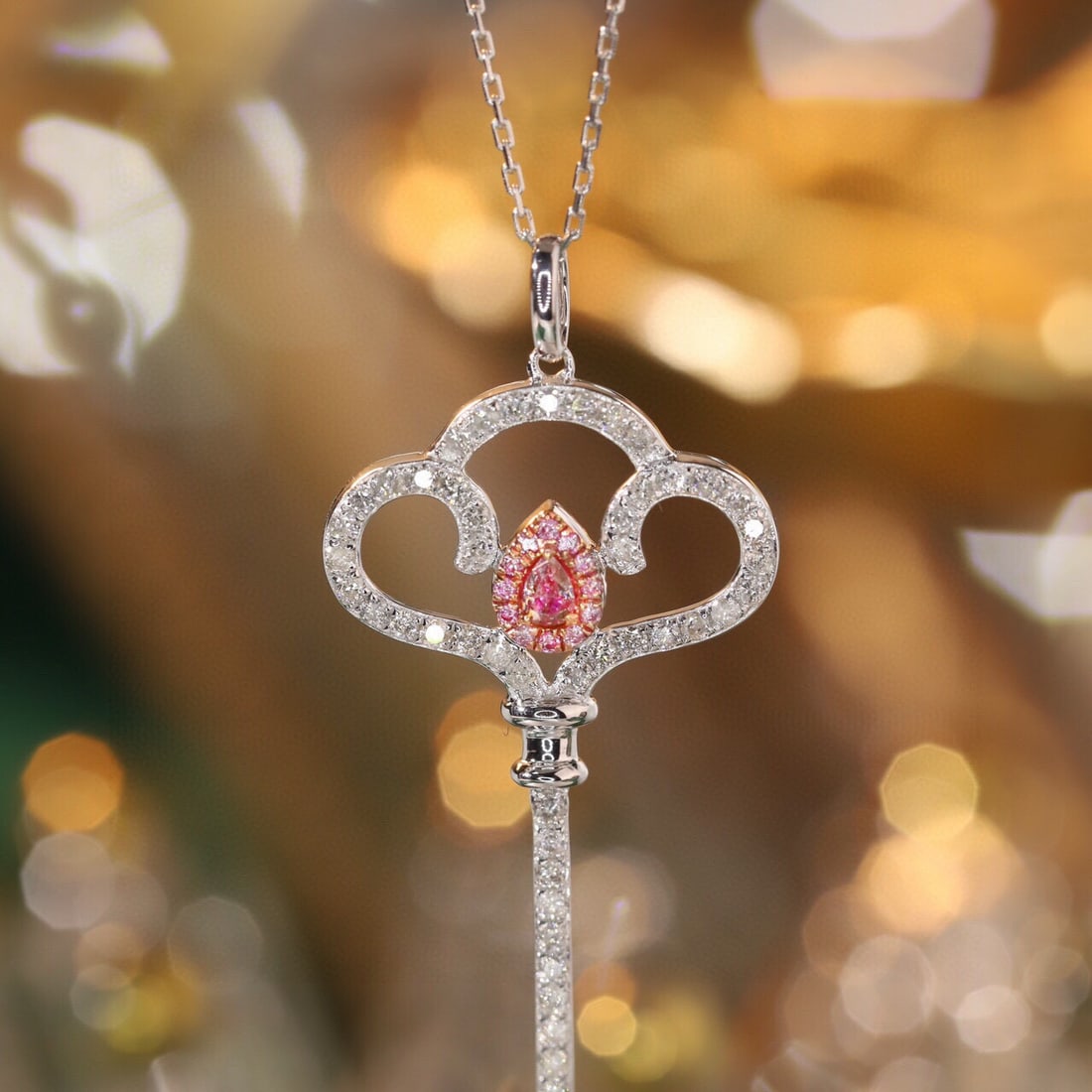 14k Gold 0.6 Ctw Natural Pink Diamond & Diamond Necklace: Ref:231061160 // gold content:14k gold // main gemstone:pink diamond // shape:pear // carat weight:0. 1ct // color:pink // treatment:natural // // adjacent gemstone 2 : diamond // shape:round //